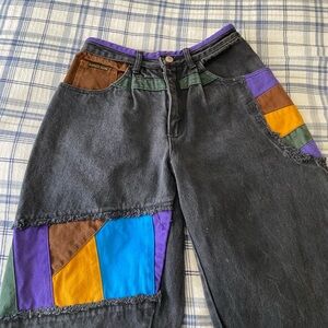 Patchwork High-Waist Women’s Jeans - Black with Multicolor Panels